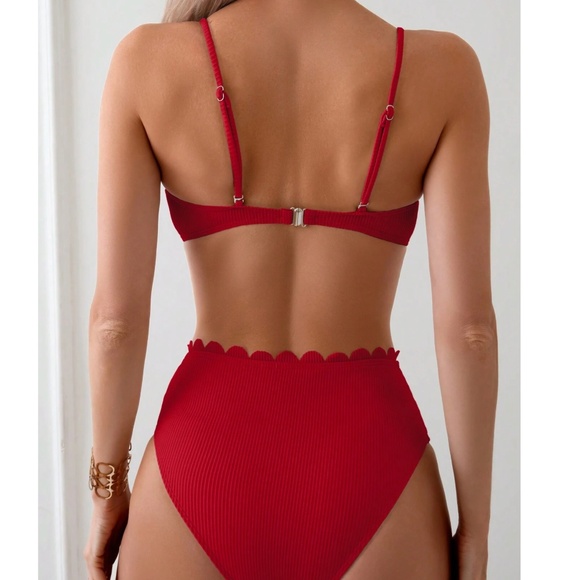 Solid Ribbed Scallop Detail High Waisted Bikini Swimsuit - Picture 6 of 10